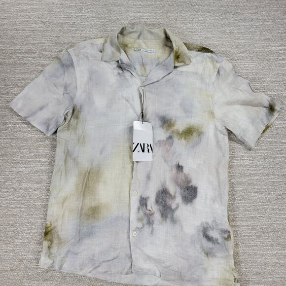 Zara Tie Dye Shirt Mens Small Linen Blend Button Viscose Summer Watercolor New - Picture 1 of 14